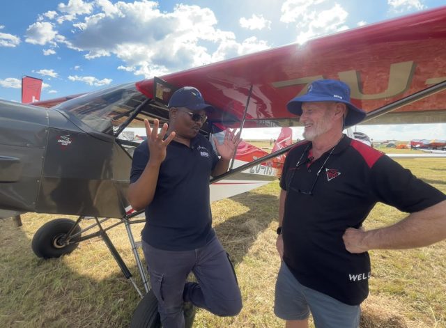 Flying Jurist's Angelo Dube chatting to Kevin about the inspiration behind the Orion Cub at the Air Week in Middelburg (Picture courtesy of Tendani Musekwa)